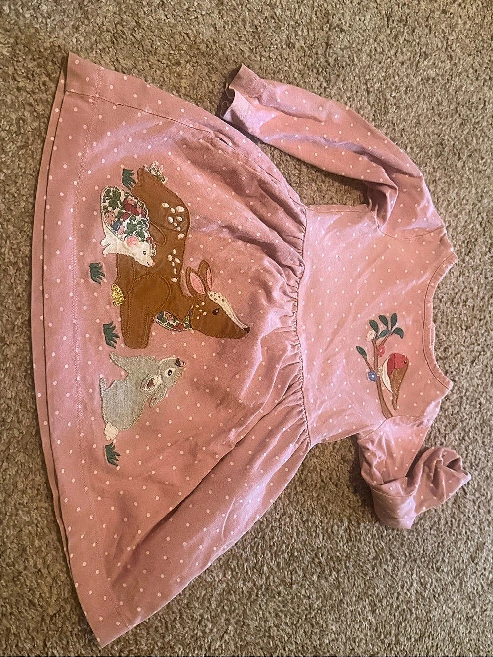 Mini Boden Woodland Animal Applique Pink Polka Dot Dress